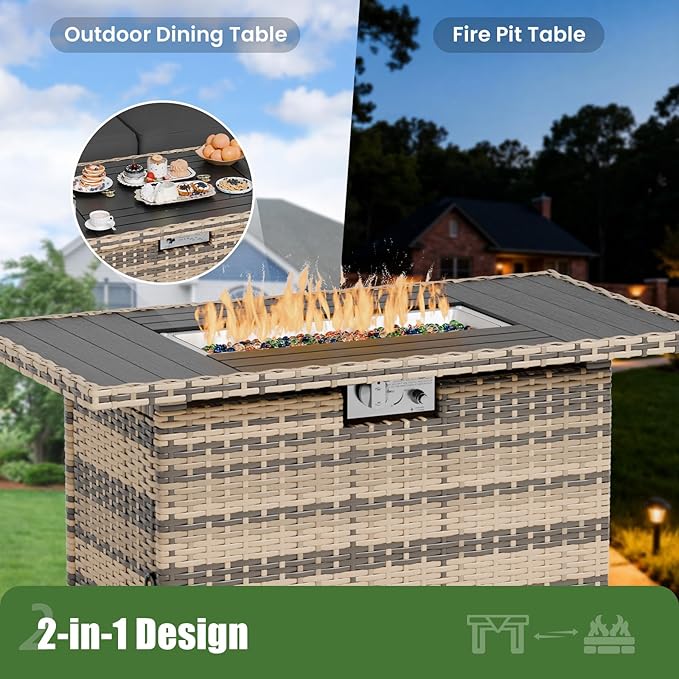 UDPATIO Patio Furniture Set with Fire Pit Table, 8 Inch Armrest Outdoor Sectional Sofas, 8 Piece All-Weather Wicker Conversation for Garden, Backyard