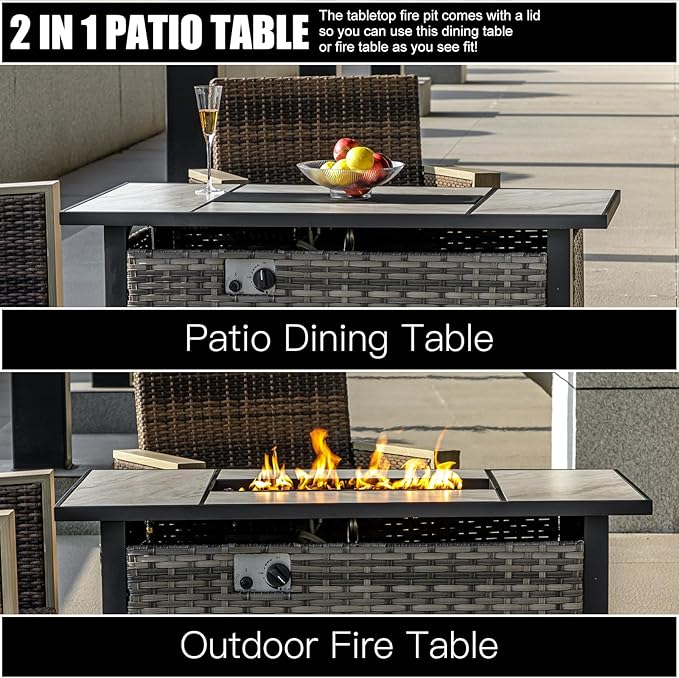 OutVue 47" Propane Fire Pit Table with Real Ceramic Tabletop & Ratten Side Panel, 50000 BTU Gas Firepit Table with Lid & Lava Stones, Outdoor Fire Pit for Dining or Party, Firepit for Outside, Patio