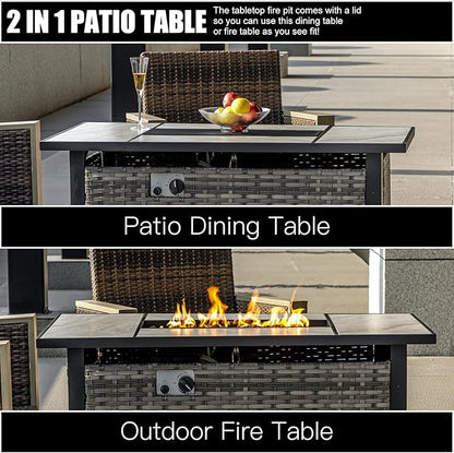 OutVue 47" Propane Fire Pit Table with Real Ceramic Tabletop & Ratten Side Panel, 50000 BTU Gas Firepit Table with Lid & Lava Stones, Outdoor Fire Pit for Dining or Party, Firepit for Outside, Patio