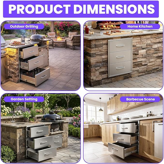 Modular Outdoor Kitchen Drawer Cabinet 18" x 23" x 23", Stainless Steel Cabinet with 3 Drawers, Outdoor Kitchen Cabinets Flush Mount for BBQ Island & Grill