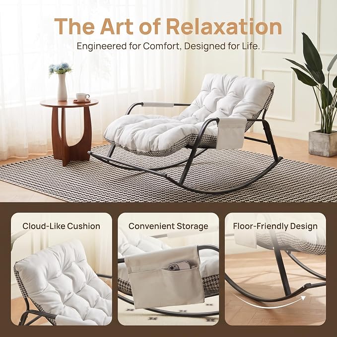 Rocking Papasan Chair, Leather Upholstered Lounge Chair, Beige | Extra-Wide Rocking Chair with Technical Leather Upholstery, Sturdy Frame and Smooth Glide for Indoor / Outdoor Scenes