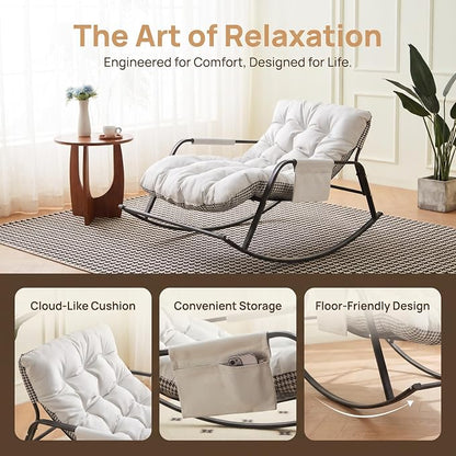 Rocking Papasan Chair, Leather Upholstered Lounge Chair, Beige | Extra-Wide Rocking Chair with Technical Leather Upholstery, Sturdy Frame and Smooth Glide for Indoor / Outdoor Scenes