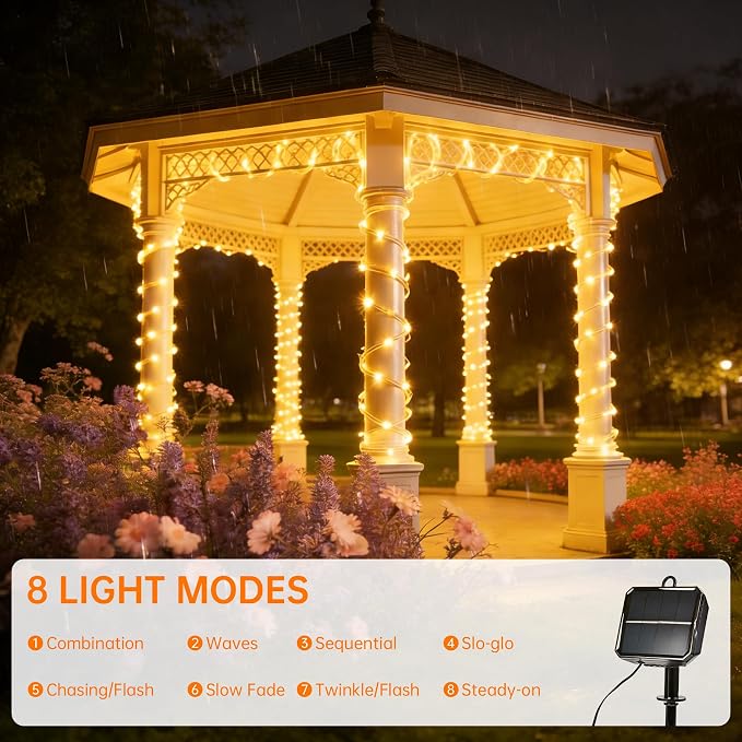 Solar Rope Lights for outside, 66ft 200 LED Solar string Lights with 8 Modes, Waterproof Solar Outdoor Light for Patio Garden Party Tree Porch Pool Fence Outdoor Holiday Xmas Decor-Warm White