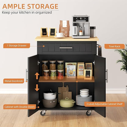 Shintenchi Kitchen Island cart with Storage, Portable Bar Cabinet on Wheels, Rolling Microwave Cart Side Table with Workstation for Kitchen, Dinning Room, Black