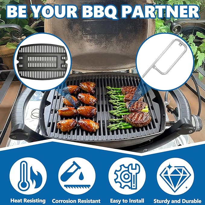 SafBbcue 7644/7582 Cast Iron Cooking Grates & 60040 Grill Burner Tube kits for Weber Q1200 Q100 Q120 Q1000 50060001 386001 86002 516001 Grills, Grids & Grates for Baby Q Gas Grills, 17"