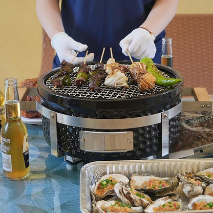 Yakitori Ceramic Charcoal Grill, Japanese Style Tabletop BBQ With Bamboo Heat Shield For Indoor/Outdoor, Round, DIA-14”