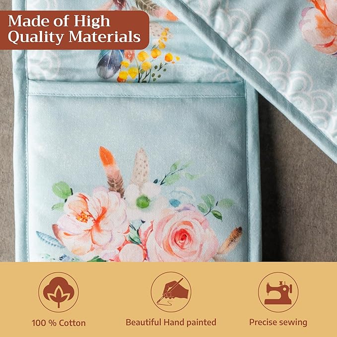 Maison d' Hermine Double Oven Mitts 100% Cotton 7"x35" Double Oven Mitt Heat Resistant BBQ Cooking Gloves with Loop Baking Grilling Kitchen Hotel Home Farmhouse Spring Summer (Ibiza - Blue)