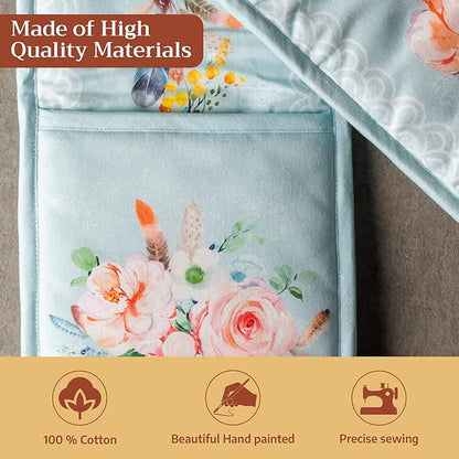 Maison d' Hermine Double Oven Mitts 100% Cotton 7"x35" Double Oven Mitt Heat Resistant BBQ Cooking Gloves with Loop Baking Grilling Kitchen Hotel Home Farmhouse Spring Summer (Ibiza - Blue)