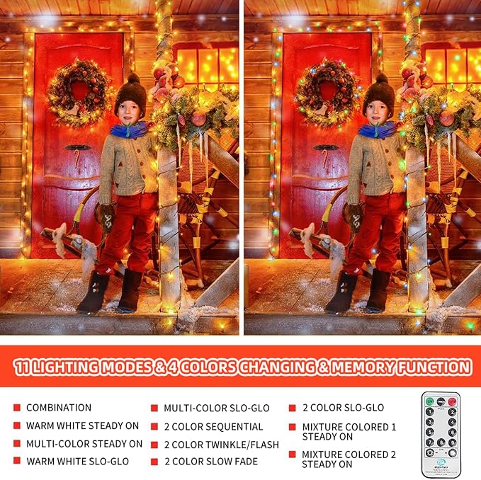 MZD8391 105FT 300LED Color Changing Christmas Light, Christmas Tree Lights | Warm White & Multicolor, Waterproof, UL listed, 11 Light Mode, Remote & Timer, Memory, End To End Connect