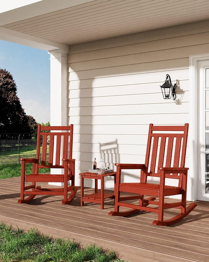 Garvee HDPE Rocking Chair Outdoor Set of 2 with Side Table - Poly High Back Porch Rocker Chairs for Adults - All Weather Resistant Furniture for Patio Front Porch - Red