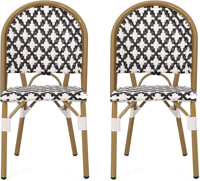 Christopher Knight Home Anastasia Outdoor French Bistro Chair (Set of 2), Black + White + Bamboo Print Finish