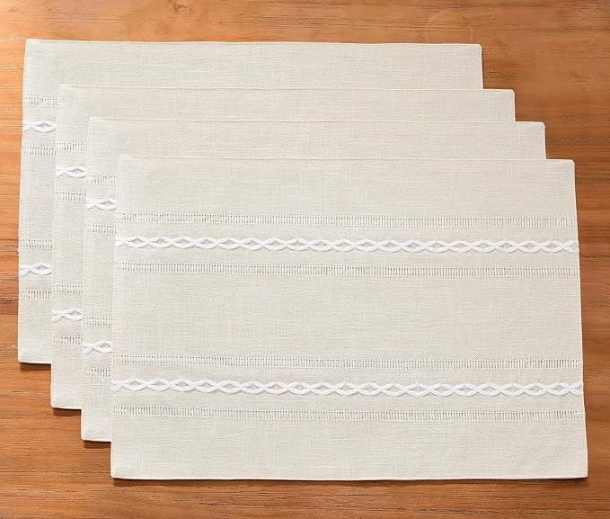 Wracra Cotton Linen Place Mats, Ivory Embroidered Placemats Set of 4 | Placemats 12 x 18 Inch; Cotton Linen Woven Fabric; Heat Resistant Table Mats; Raised Embroidered Hollow Design