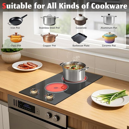 2 Burner Electric Cooktop, Built-in & Countertop Electric Stovetop 12 Inch | Ceramic Cook Top with Knob Control, 9 Power Levels Setting, Over-Temperature Protection, 110V - 120V Plug in, Traenvir