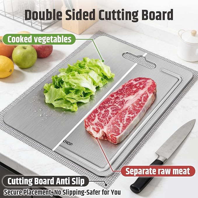 3-Piece Titanium Cutting Board for Kitchen, Double-Sided Scratch-Resistant Chopping Boards with Juice Grooves, Metal Cutting Boards with Non-Slip Mat, Dishwasher Safe for Fruit, Meat, Vegetables, Gray