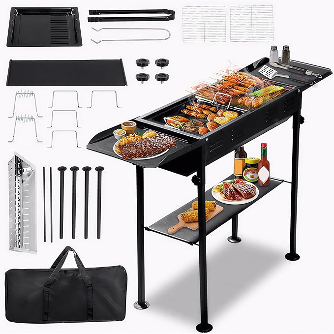 Portable Charcoal Grill, Foldable BBQ Grill with 2-in-1 Non-Stick Griddle & Carrying Bag, Large Kabob Barbecue Grill for Outdoor Camping, Garden, Backyard Party, Picnic, Stainless Steel Grill Grate