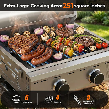 Electactic 16,000 BTUs Portable Tabletop Gas Grill, 2-Burner Propane Grill with Foldable Legs, 251 Sq.in Cooking Area, Stainless Steel BBQ Grill for Easy Assemble & Clean, Ideal for Outoor/RV/Patio