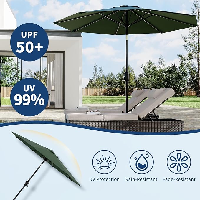 Garvee 9 ft Patio Umbrella - 8 Sturdy Ribs Outdoor Table Umbrella with Crank Lift & Push Button Tilt - Market Umbrella for Pool, Deck, Yard, Garden - Dark Green