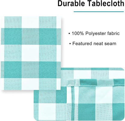 Hiasan Checkered Tablecloth Rectangle, 70 x 140 Inch - Waterproof and Wrinkle Resistant Table Cloth for Picnic, Dinner and Party, Washable Polyester Fabric, Aqua and White Gingham Pattern