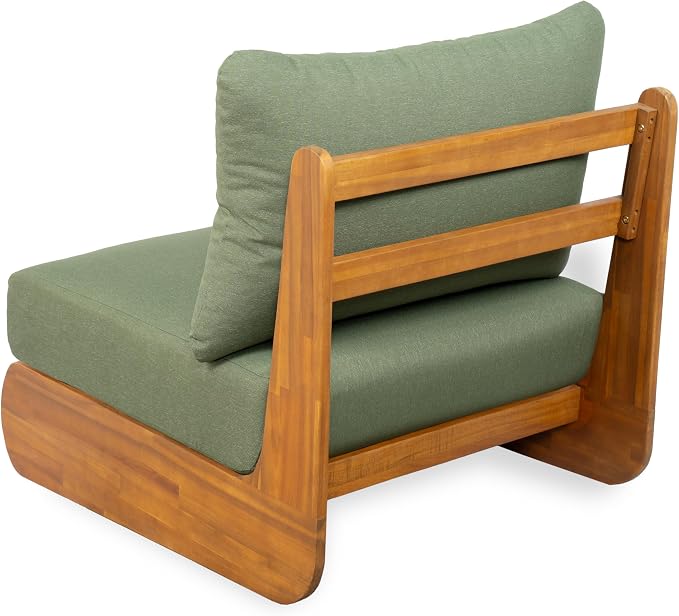 Merax Outdoor All-Weather Acacia Wood Single Sofa with Cushion, Patio Lounge Chair for Porch, Lawn, Backyard, Balcony, Green+Teak