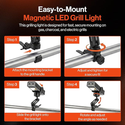 Rechargeable Grill Light - Magnetic BBQ Grill Light for Outdoor Grilling with 360° Adjustable Mount - Ultra Bright COB LED with 2 LED Front Lights - BBQ Accessories for Grilling & Camping