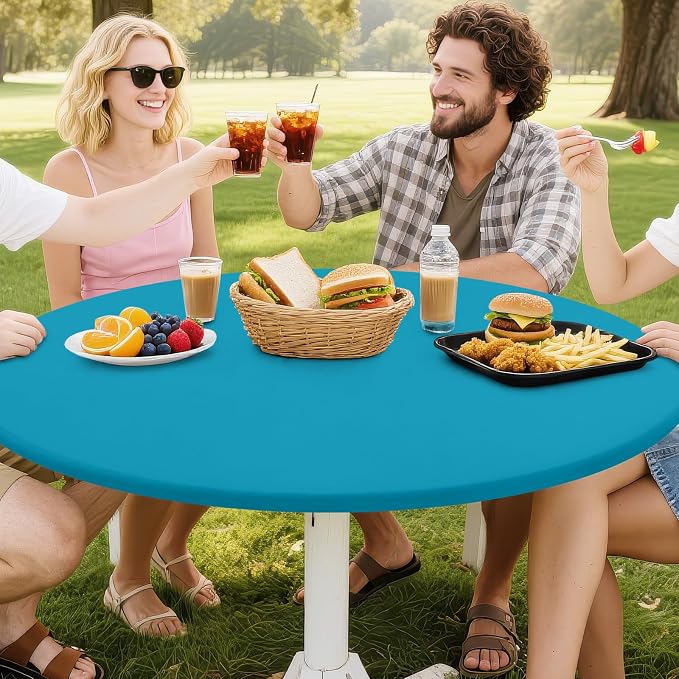Smiry Round Spandex Tablecloth, Elastic Fitted Washable Tablecloths for 42"-50" Tables, Waterpoof Stretch Picnic Table Cover for Dining, Indoor and Outdoor, Turquoise