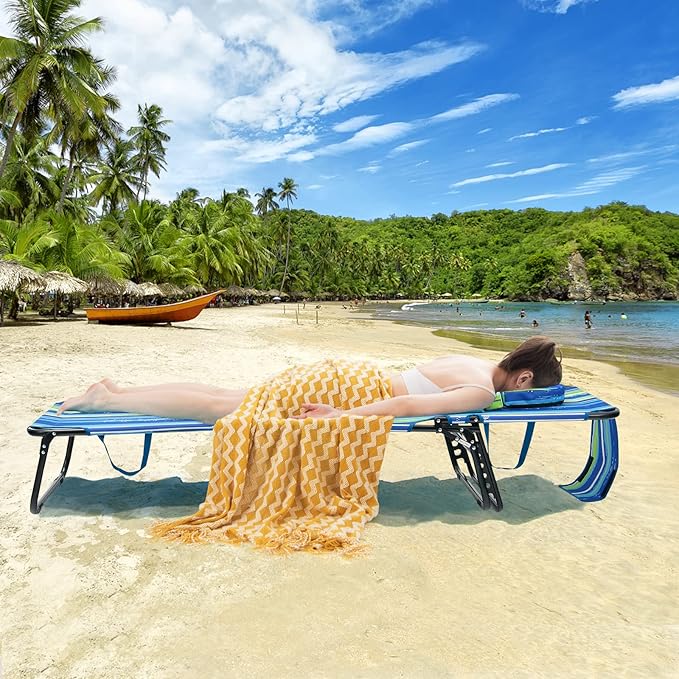 GYMAX Tanning Chair, 330lbs Beach Lounge Chair with Face Hole, Detachable Washable Pillow & Carry Strap, Adjustable Folding Lounger, Layout Chair for Outside, Patio, Poolside, Lawn (2, Blue Stripe)
