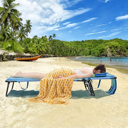 GYMAX Tanning Chair, 330lbs Beach Lounge Chair with Face Hole, Detachable Washable Pillow & Carry Strap, Adjustable Folding Lounger, Layout Chair for Outside, Patio, Poolside, Lawn (2, Blue Stripe)