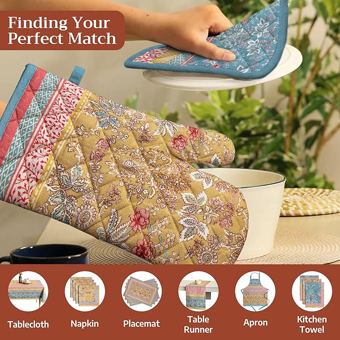 Maison d' Hermine Pot Holders 100% Cotton Heat Resistant Potholders 8" x 8" Hot Pads with Loop BBQ Cooking Baking Hotel Farmhouse Kitchen Handling Hot Pans Spring Summer (Pack of 2, Marquise)