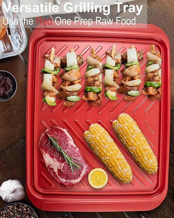 ECOIOU Large Grilling Prep and Serve Trays, 17.3" x 13" BBQ Platters for Raw and Cooked Food, Melamine Serving Trays for Food, Set of 2, Black and Red