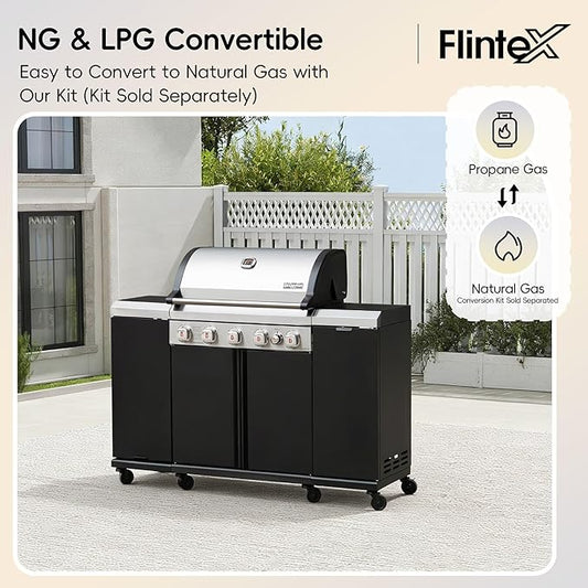 Flintex 5-Burner Propane Gas Kitchen Grill Island with Side Burner,52,000 BTU Stainless Steel BBQ Outdoor Griddle Grill Combo with LPG/NG Convertible and Storage Cabinets & Fold-out Table, Black