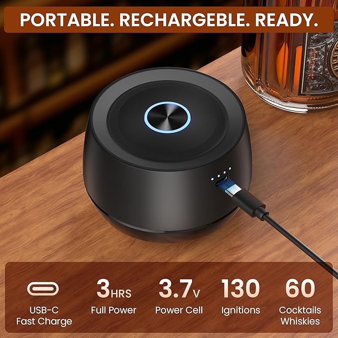 Electric Whiskey Smoker Kit for Old Fashioned & Bourbon: Fathers Day Gift for Men, Dad & Husband | Rechargeable Cocktail Smoker with Built-in Lighter (Butane-Free)| Birthday Gift Includes 6 Wood Chips