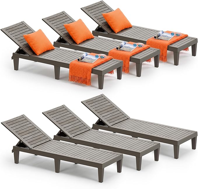 Outdoor Lounge Chair Set of 6, 5-Positions Adjustable Patio Chaise Lounges, Waterproof Tanning Chairs for Poolside, Backyard, Scratch-Resistant & Easy to Clean (Striped Grey, Set of 6)