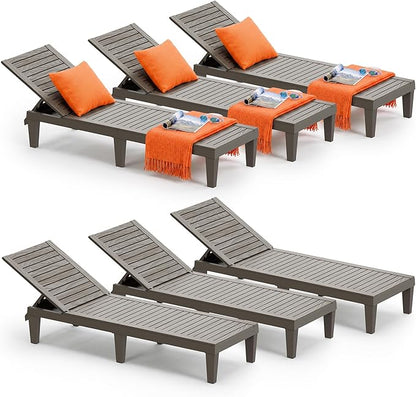 Outdoor Lounge Chair Set of 6, 5-Positions Adjustable Patio Chaise Lounges, Waterproof Tanning Chairs for Poolside, Backyard, Scratch-Resistant & Easy to Clean (Striped Grey, Set of 6)