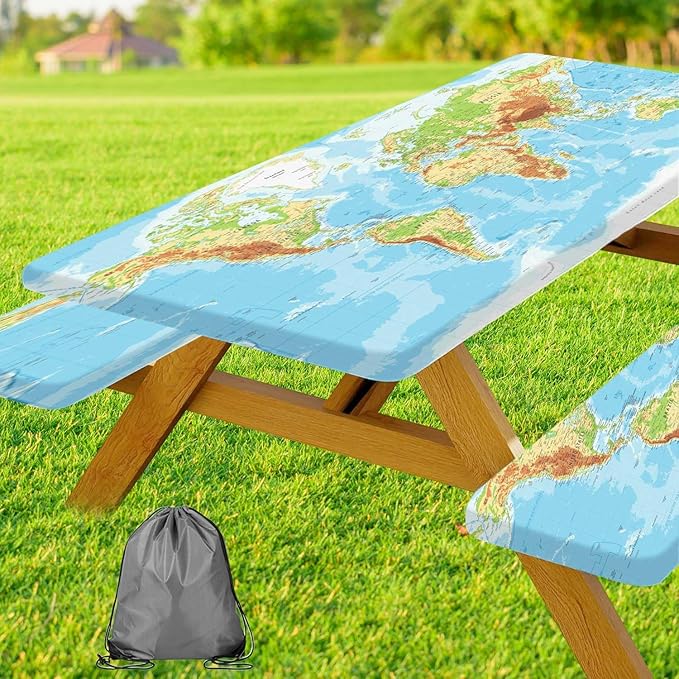JAWO World Map Print 3 Piece Picnic Table & Bench Cover Set, Waterproof Elastic Fitted Tablecloth for Outdoor Travel Camping Backyard BBQ, 30X60in