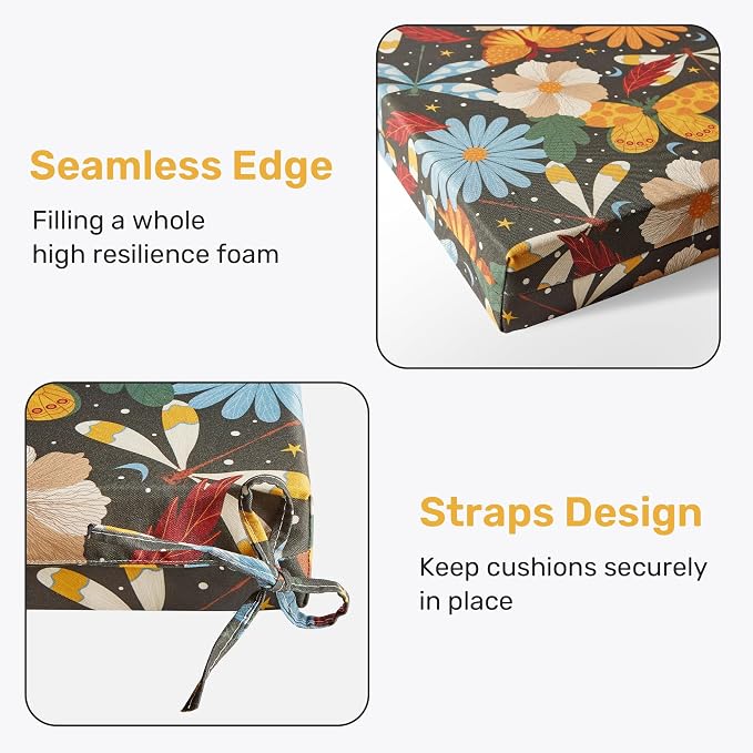 Outdoor Chair Cushions, Set of 4, 24"*24"*4", Water Resistant, Flower | High-Density Foam Patio Cushions with Ties, UV & Fade Resistant, Square Corner Seat Cushions for Outdoor Furniture