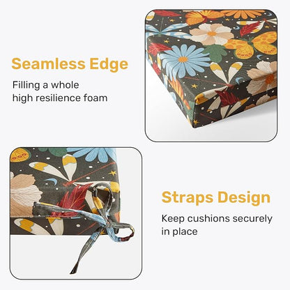 Outdoor Chair Cushions, Set of 4, 24"*24"*4", Water Resistant, Flower | High-Density Foam Patio Cushions with Ties, UV & Fade Resistant, Square Corner Seat Cushions for Outdoor Furniture
