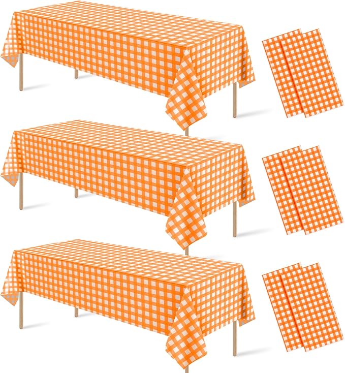 6Pcs Orange Gingham Tablecloths, Fall Checkered Table Covers 54x108 In | Orange and White Checkered Tablecloths Disposable Waterproof for Fall Picnic Halloween Barbecue Birthday Outdoor Party