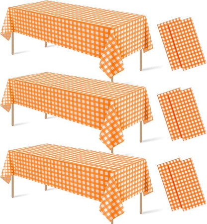 6Pcs Orange Gingham Tablecloths, Fall Checkered Table Covers 54x108 In | Orange and White Checkered Tablecloths Disposable Waterproof for Fall Picnic Halloween Barbecue Birthday Outdoor Party