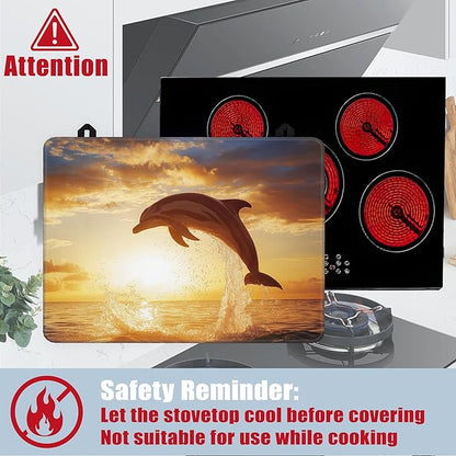 Jumping Dolphin Stove Top Covers for Electric Stove,Sea Sunset Glass Top Stove Cover, Heat Resistant Range Covers for Electric Stove,Washable Countertop Mat, 28 x 20 Inch