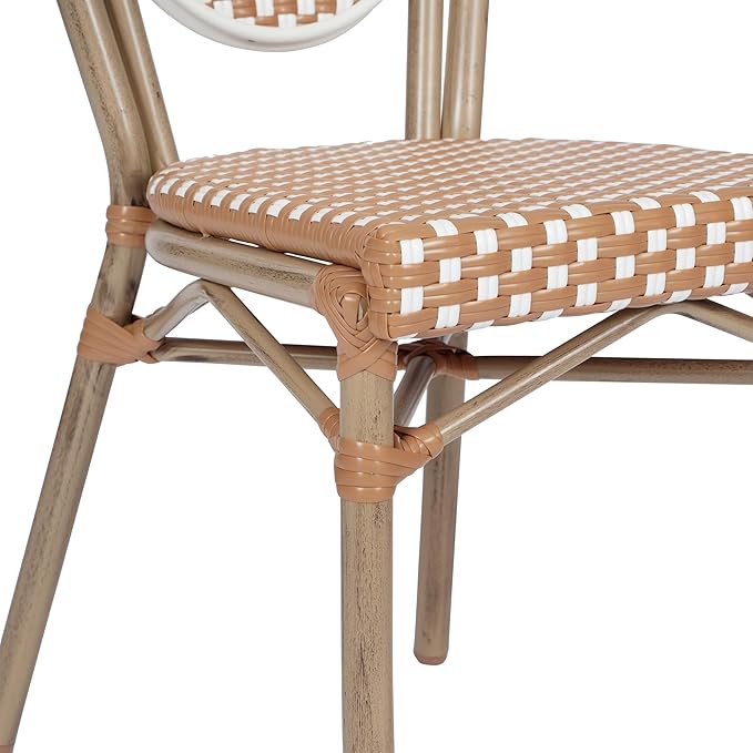 Flash Furniture Lourdes Indoor/Outdoor Commercial Thonet Bistro Stack Chair - Natural/White PE Rattan Back and Seat - Light Natural Bamboo Print Metal Frame