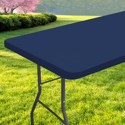 Rectangle Table Cloth, Waterproof Elastic Fitted Tablecloth for 8 Foot Folding Tables, Washable Polyester Tablecloths for Picnic, Camping, Outdoor (Navy Blue, 30"x96")
