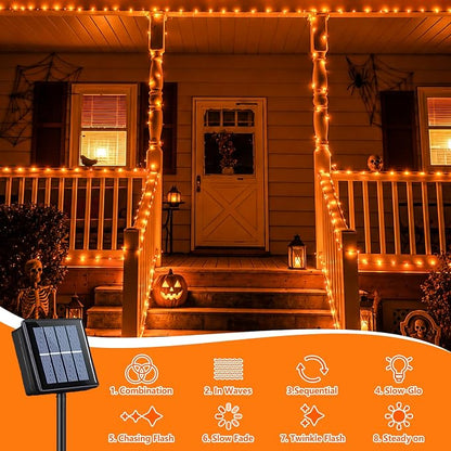 QITONG Solar Halloween Fairy Lights, 2 Pack Each 66ft 200 LED Orange Fairy Lights Outdoor with 8 Modes, Silver Wire Christmas Lights for Fall Thanksgiving Decor