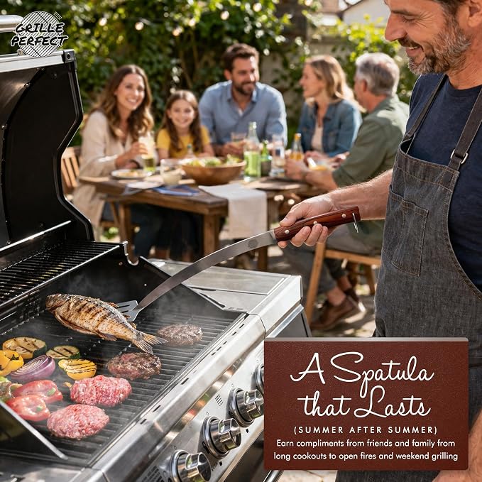Grill Spatula 24-inch Super Long for Grilling Barbecue Griddle and Fire Pit Extra Strong Curved Neck Premium Hardwood Handle Large Stainless Steel Blade For BBQ Outdoor Kitchen and Grilled Food