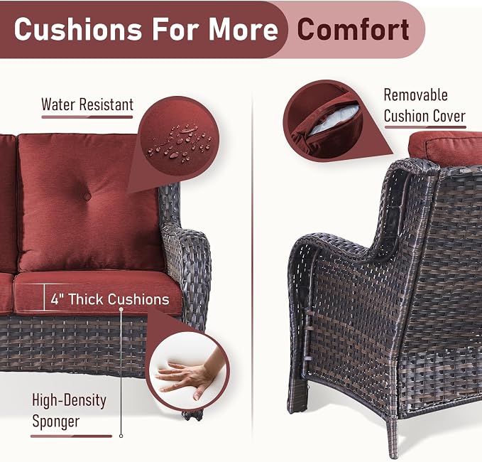 Outdoor Loveseat Sofa - 3 Piece Patio Furniture with Ottoman Deep Seating Patio Couch for Porch Deck Garden Backyard - Brown/Red