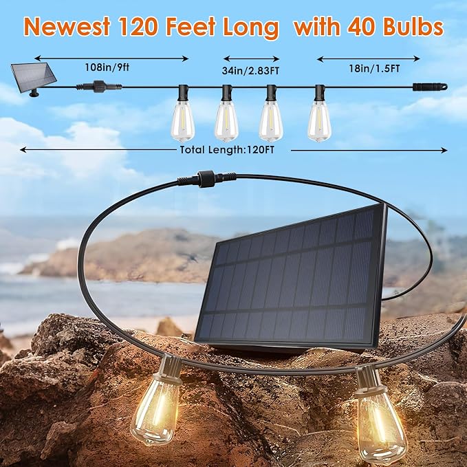 Bdrofn 2 Pack 120FT Solar String Lights Outdoor,Solar Patio Lights Waterproof with Remote & 80+4 Dimmable ST38 Shatterproof LED Bulbs,Commercial Grade Solar Powered String Lights for Outside