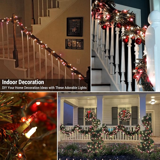BrizLabs Red & White Christmas Lights, 300 Count 69.6ft Mini Outdoor Lights | Incandescent; Connectable; UL Certified; Waterproof Christmas Light String Plug-in Green Wire Indoor Ourside Xmas Tree Decor