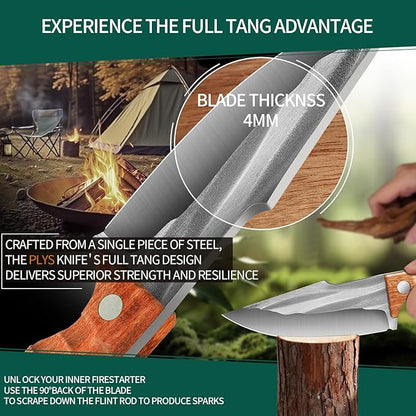 Plys Fixed Blade Hunting Knives Ergonomic Full Tang Camping Knife Rosewood Handle Multi-Tool Tactical Bushcraft Knife for Kitchen, Hiking, EDC Belt Carry, Lightweight Outdoor Survival Gear