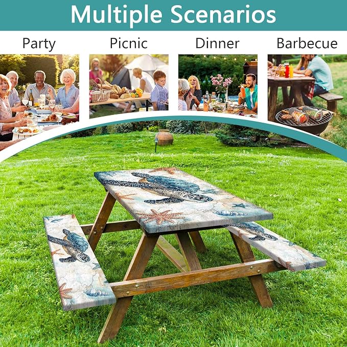 Picnic Table Cover with Bench Covers 6FT, Camping Essentials, Nautical Sea Turtle Ocean Windproof Waterproof Picnic Table Cloth, Fitted Tablecloth with Elastic Edge for Indoor Outdoor 3PCS 30x72 Inch