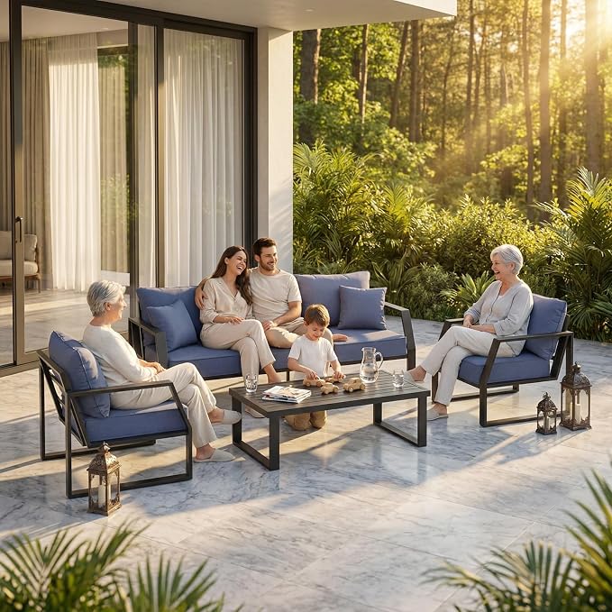 Oversized Outdoor Modern Patio Sofa for 3, 5" Thick Cushions, Deep Seat & Wide Armrests, Comfortable Aluminum All-Weather Rustproof UV-Resistant Frame for Garden, Backyard, Porch