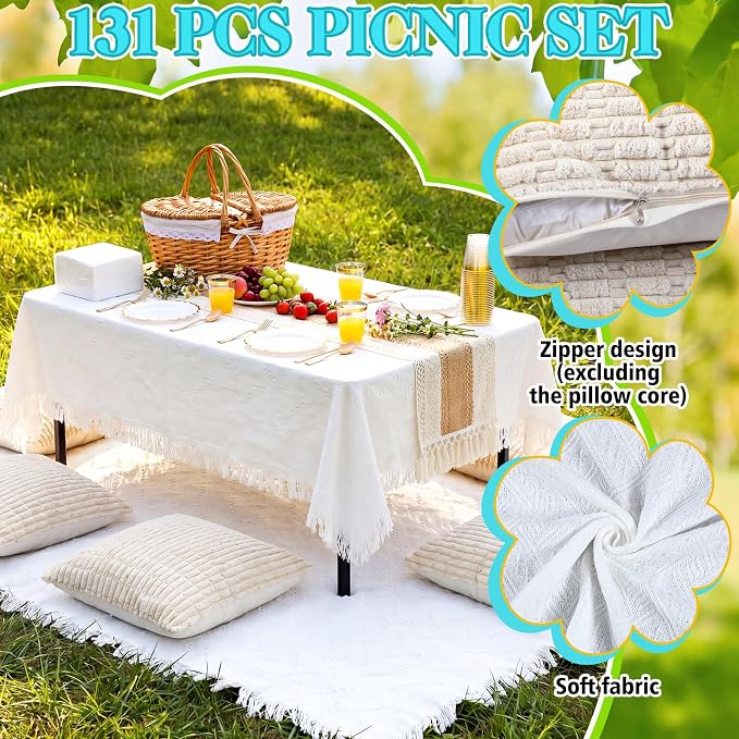 131 Pcs Picnic Kit Extra Large Outdoor Boho Blanket Wicker Picnic Basket Boho Tablecloth Table Runner 6 Throw Pillows Covers Gold Disposable Plates and Cutlery Set for Camp Wedding